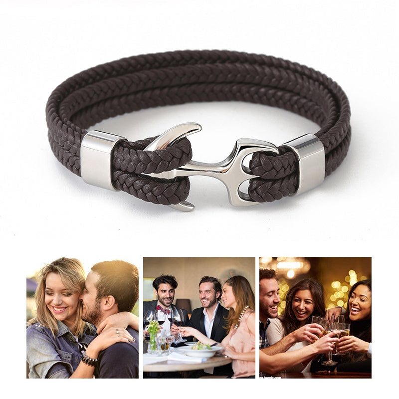 Stainless Steel Anchor Leather Bracelet