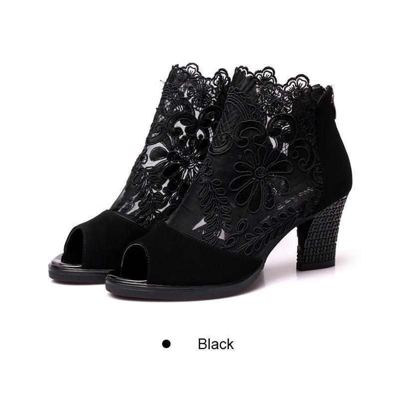 Lace Mesh Insert Chunky Heeled Boots