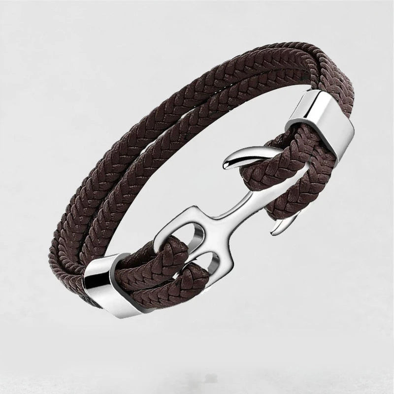 Stainless Steel Anchor Leather Bracelet