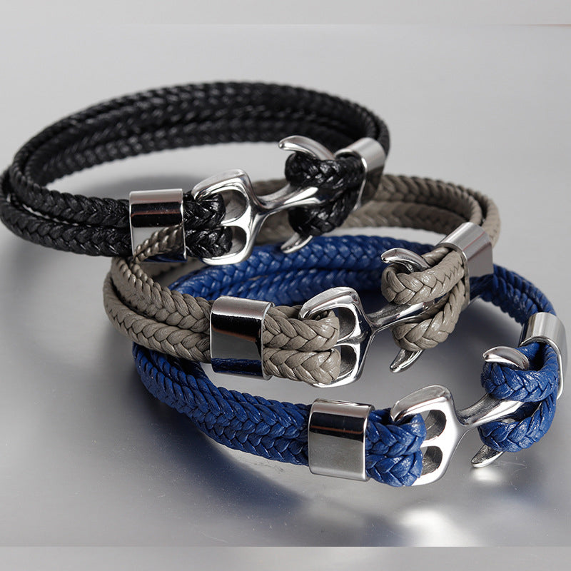 Stainless Steel Anchor Leather Bracelet