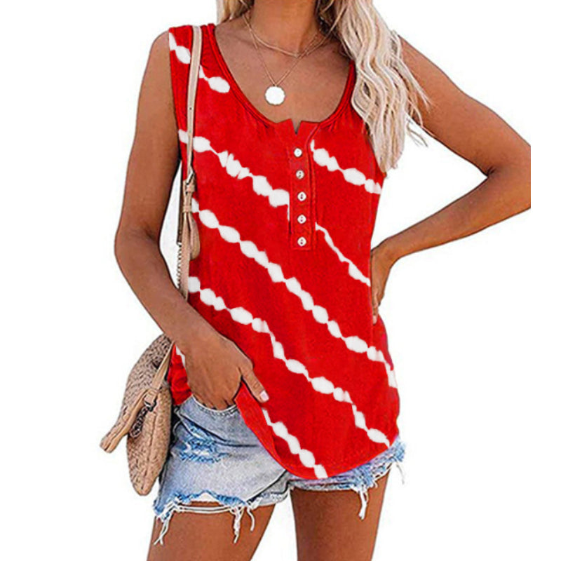 Women's Diagonal Stripe Button Crew Neck Tank Top