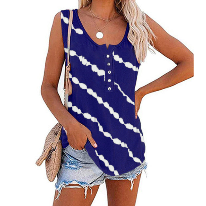 Women's Diagonal Stripe Button Crew Neck Tank Top