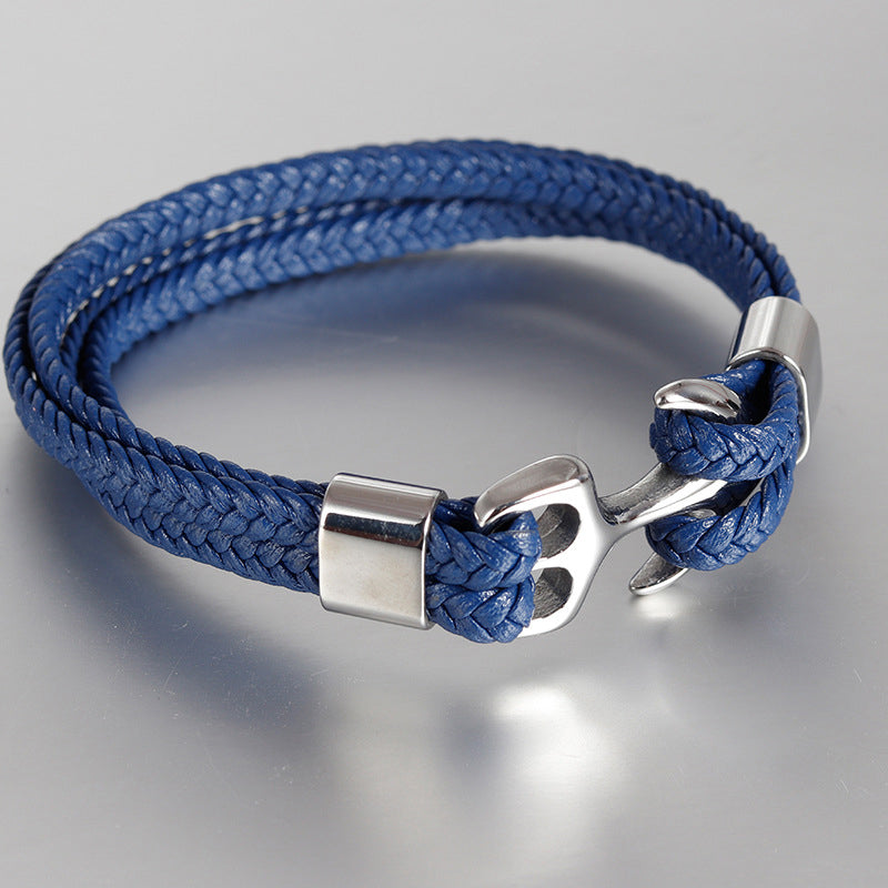 Stainless Steel Anchor Leather Bracelet