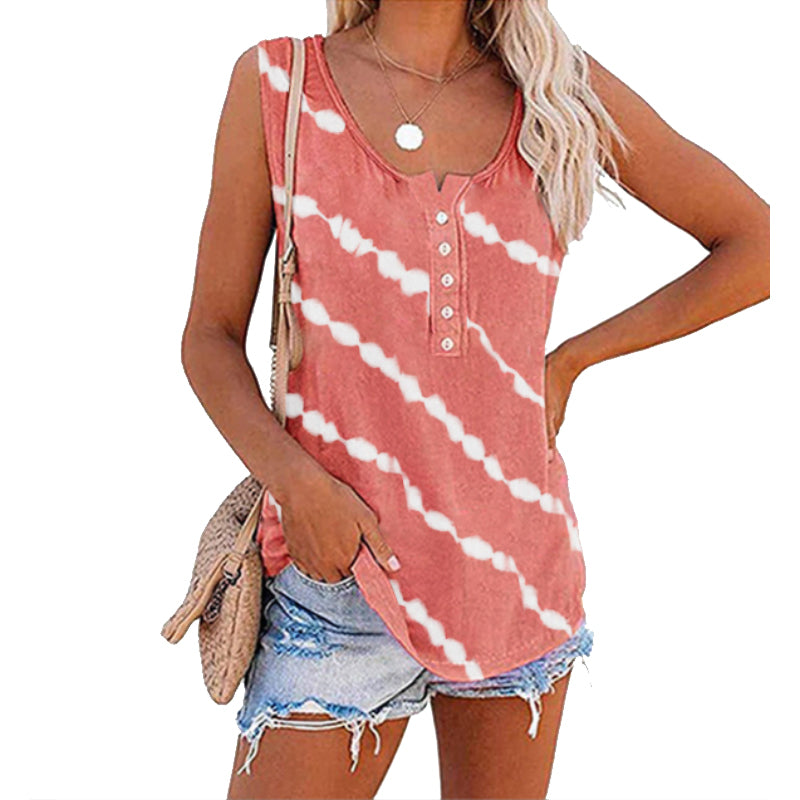 Women's Diagonal Stripe Button Crew Neck Tank Top