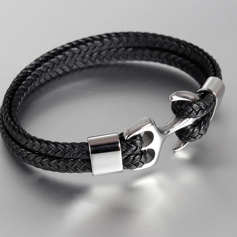 Stainless Steel Anchor Leather Bracelet