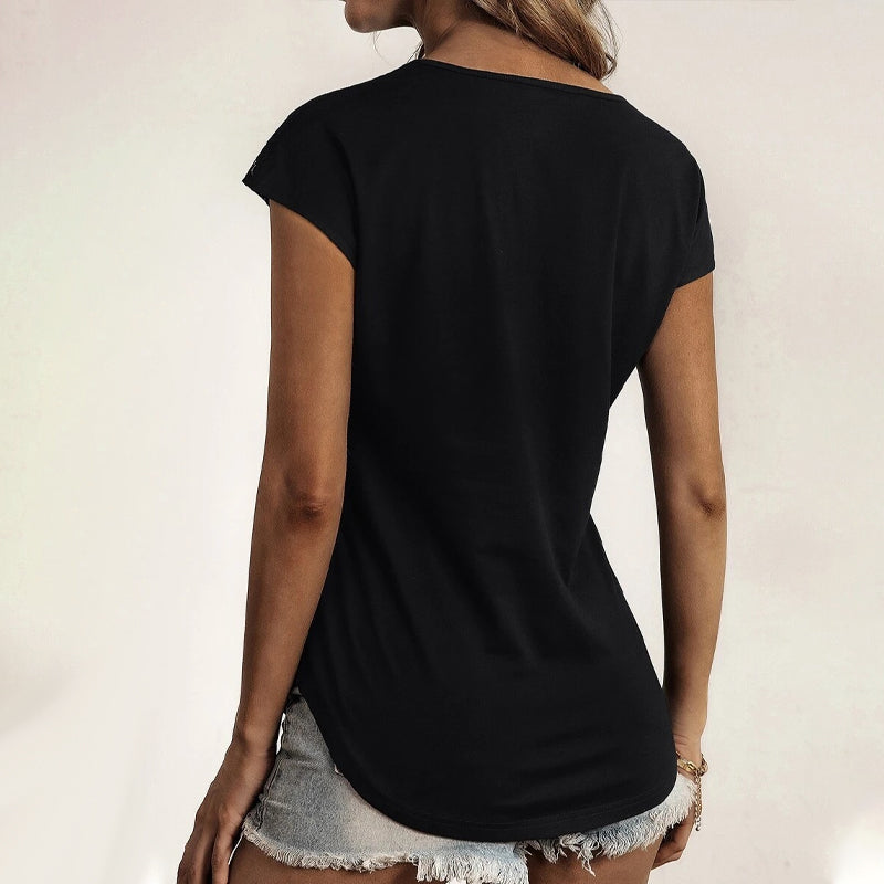 Round Neck Half Zip Panel Lace Short Sleeve T-shirt