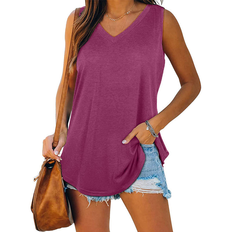 V-Neck Solid Color Sleeveless T-Shirt